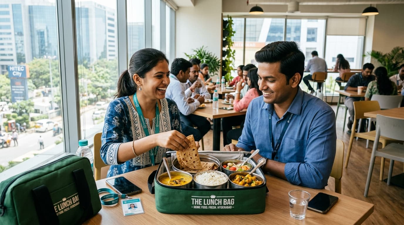 Corporate team enjoying wholesome Lunch Bag thalis together at their office in Hyderabad