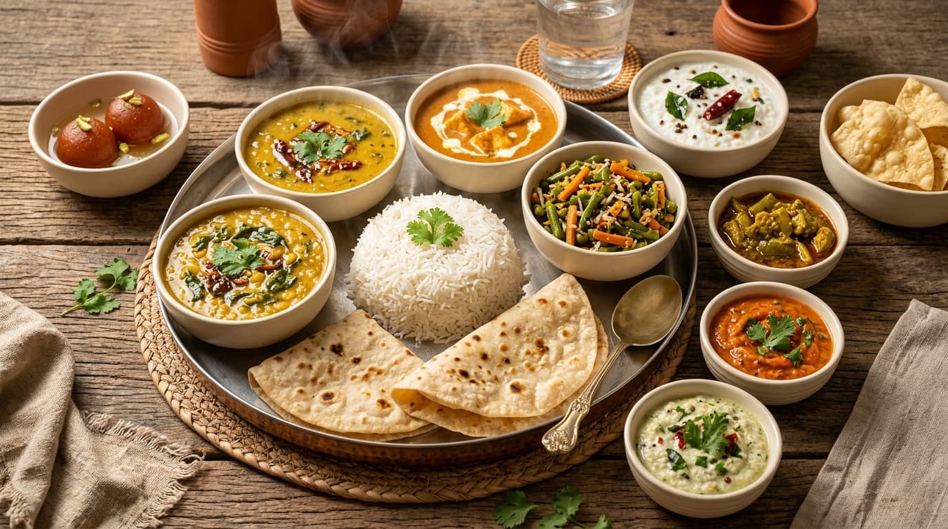 Steaming hot pure-veg North + South Indian combo meal with rice, phulka, Palak Kura Pappu, curries, curd rice, pachadi, fryums and sweet
