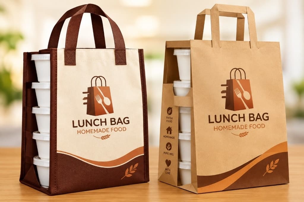 Official branded Lunch Bag packaging featuring 5 stacked hot homestyle meal containers in insulated tote and craft carrier bags